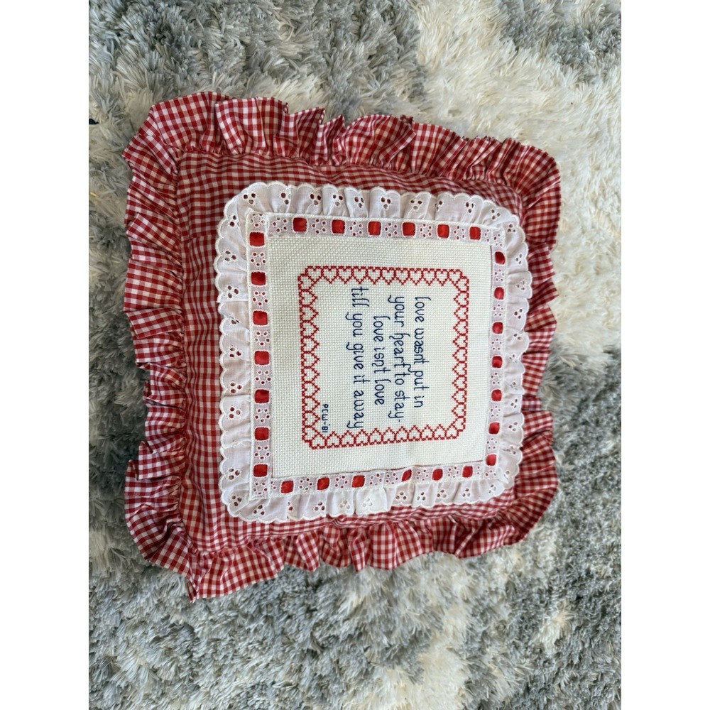 Vintage 1981 Cross Stitch Throw Pillow Red Gingham Ruffle Love Quote Accent